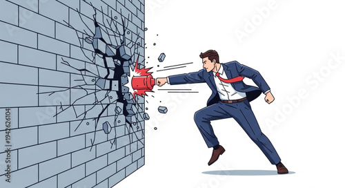 Businessman Breaking Through Brick Wall.
