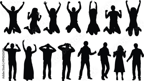 Jumping and celebrating people silhouettes collection, happy men and women raising hands and dancing, energetic human figures vector set isolated
