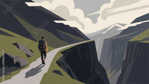 Illustration Of People Walking On A Narrow Path On A Steep Mountain Vector Design Template