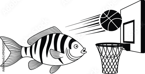 Creative Illustration of a Striped Fish Playing Basketball Shooting a Ball Into a Hoop Isolated on White Background for Sports Concept