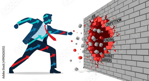 Businessman Breaking Through Brick Wall.