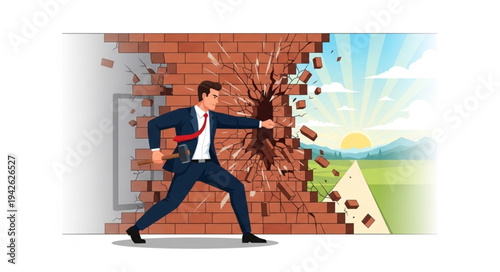 Businessman Breaking Through Brick Wall.
