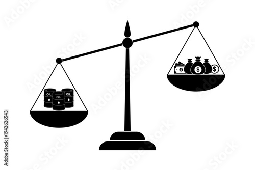 Money with Oil barrels on scales icon, Rise and decline in price of oil market prices, World inflation. for web and mobile app, isolated on a white background. Flat vector illustration