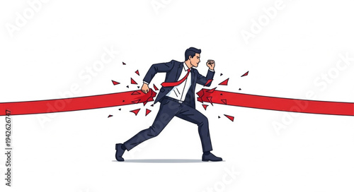 Businessman Breaking Red Tape Barrier.