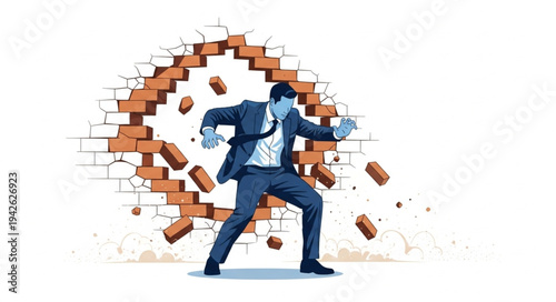 Businessman Breaking Through Brick Wall.