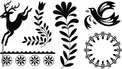 Mexican Folk Art Vector Set Featuring Otomi Style Deer Bird Floral Elements Border Ornaments and Decorative Botanical Silhouettes on White Background