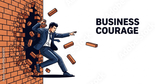 Businessman Breaking Through Brick Wall.