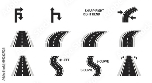Road and Direction Icons - Navigational Symbols for Wayfinding and Route Planning.