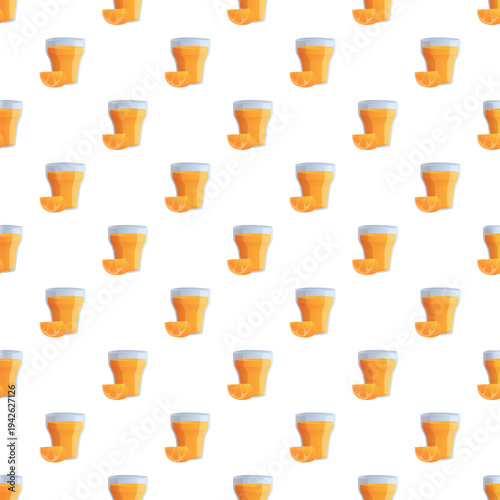Orange juice glasses with fruit slices create a vibrant seamless pattern
