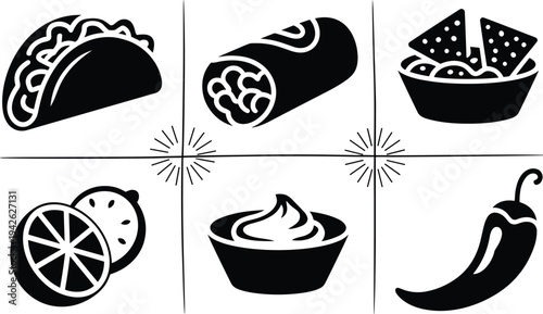 Mexican Food Icon Set Featuring Black and White Vector Illustrations of Tacos Burritos Nachos Chili Peppers Lime and Dipping Sauce