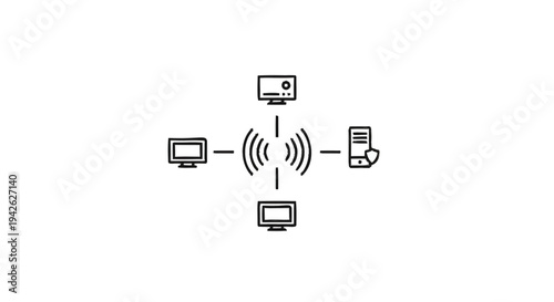 Network connection between computers and server via Wi-Fi.