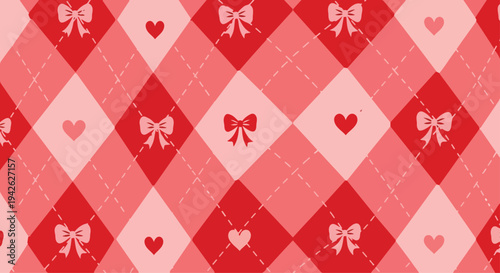 Valentine Pattern Heart Bow Romantic Background Red Pink Love Seamless Texture Holiday Decoration Gift Fabric Design Illustration.