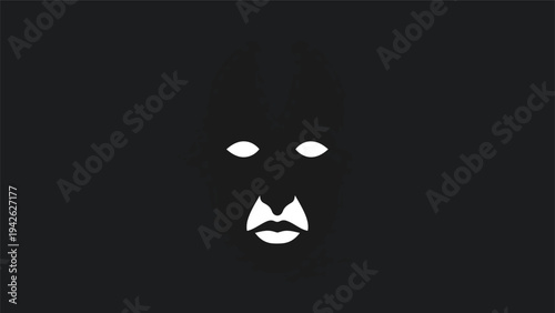 Minimalist White Gorilla Face Icon on Black Background.