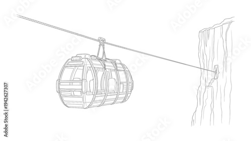 Cable Car Journey: A detailed illustration of a cable car, suspended mid-air on a sturdy cable, embarking on a thrilling journey, offering a unique perspective of the landscape. 
