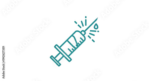Medical Syringe Icon with Liquid Droplets and Splashes.