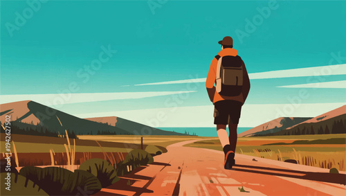 Illustration Of An Adventurer Walking On A Long Dirt Path In An Open Valley Vector Design Template
