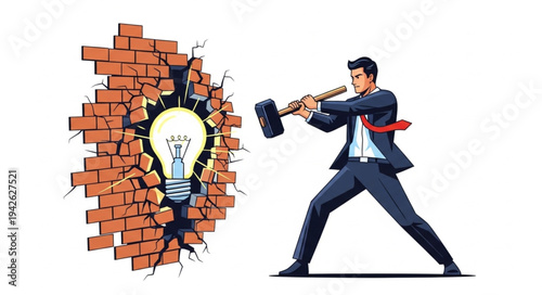 Businessman Breaking Through Brick Wall.