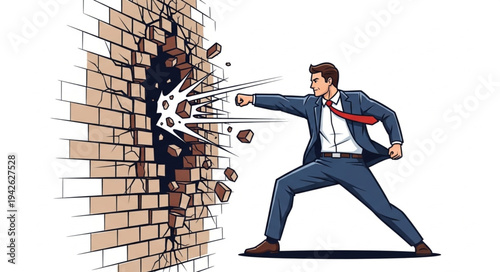 Businessman Breaking Through Brick Wall.