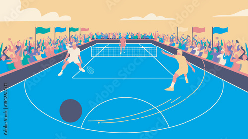 A vibrant illustration of two players competing in a game of pickleball on a blue court with a lively crowd in the background.