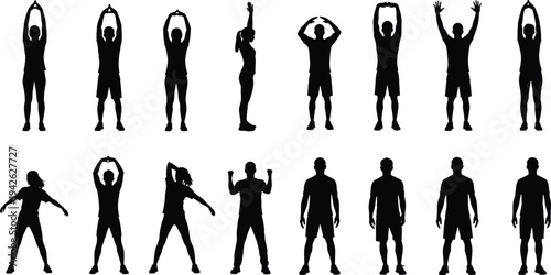 Set of people stretching silhouettes performing warm up exercises fitness routine body movement collection isolated vector illustration for sport training design concept