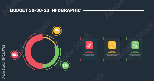 Budget rule 50 30 20 infographic process diagram with outline with location marker and square target goals with dark background bright outline style 3 points