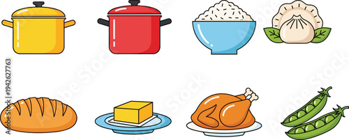 Kitchen and food icon collection featuring yellow and red cooking pots, rice bowl, dumpling, bread loaf, butter, roasted chicken, and green peas, vector.