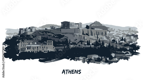 A panoramic illustration of the Acropolis in Athens, Greece, showcasing its ancient structures against a backdrop of the city.