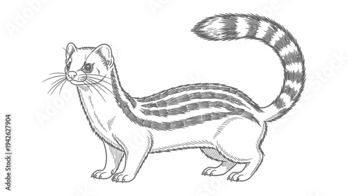 Striped polecat illustration: A detailed illustration of a striped polecat, highlighting its distinctive black and white striped pattern and sleek form.