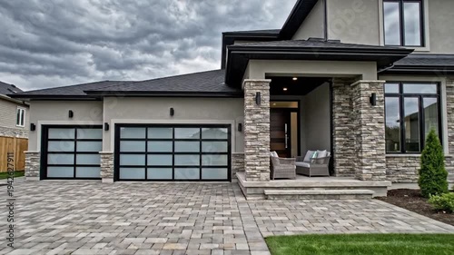 Modern upscale suburban house with large driveway and cloudy sky