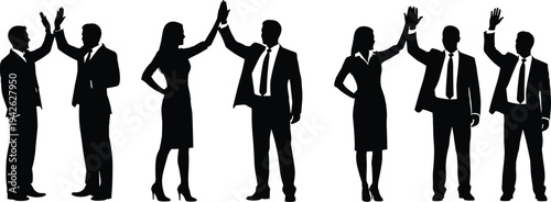 Successful Business People Silhouettes Giving High Five Celebrating Teamwork Achievement Collaboration and Partnership in Professional Office Environment for Corporate Success Concept