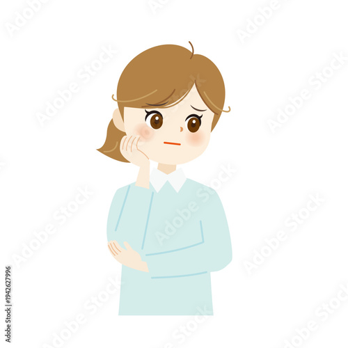 頬杖をついて困っている女性のイラスト　悩み・不安・思案06