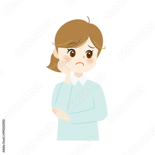 頬杖をついて困っている女性のイラスト　悩み・不安・思案08