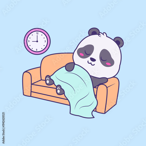 Cute Panda Cartoon Tired and Taking a Nap on the Sofa and Under a Blanket