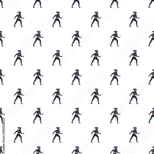 Ninja warrior characters with weapons forming a seamless background pattern