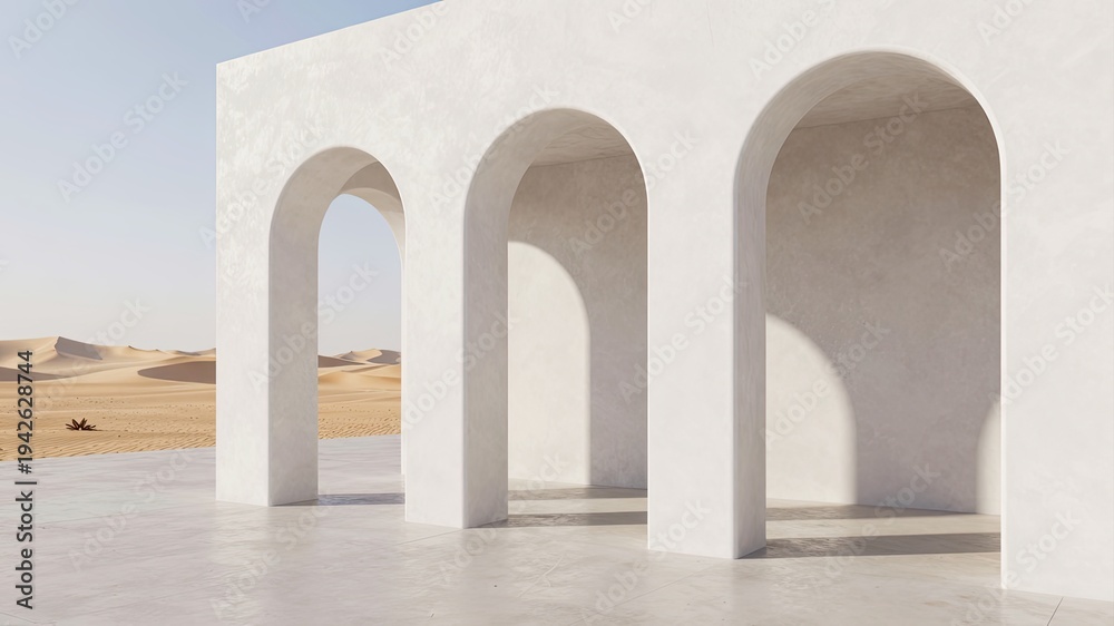 Fototapeta premium Minimalist desert architecture with white arches against sandy landscape