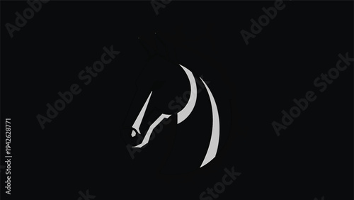 Minimalist white horse head silhouette on black background.