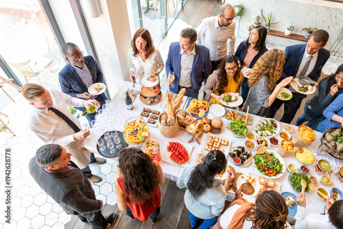 Diverse group enjoying buffet