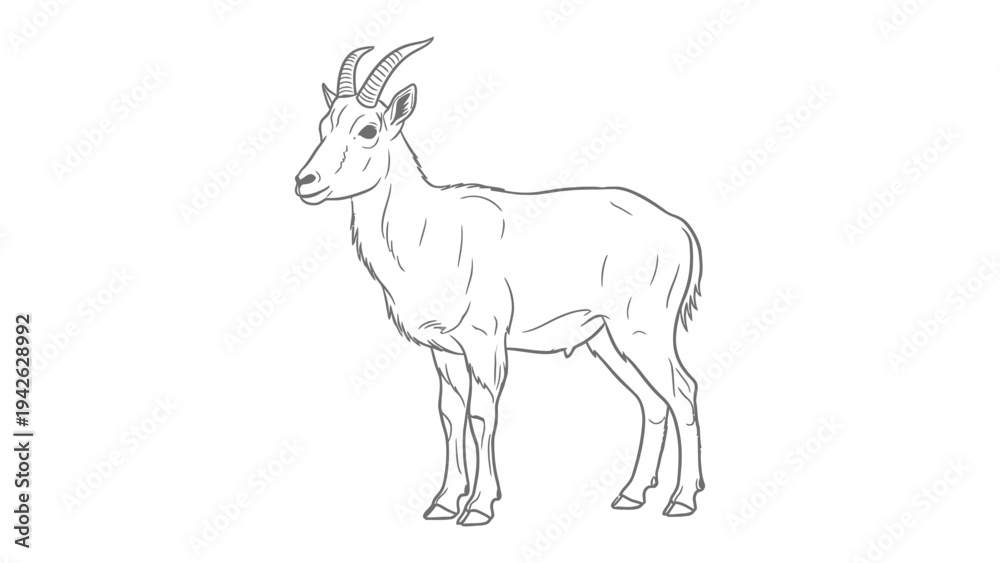 Fototapeta premium Alpine Ibex Sketch: A detailed, minimalist sketch of an elegant Alpine Ibex, showcasing its majestic horns and strong physique.