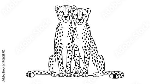 Two Cheetahs, Majestic Felines in Monochrome: A striking illustration featuring two cheetahs sitting side-by-side, their distinctive spotted coats rendered in a classic black and white style.