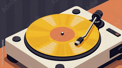 Isometric view of vintage record player with gold vinyl disc spinning on retro turntable deck device