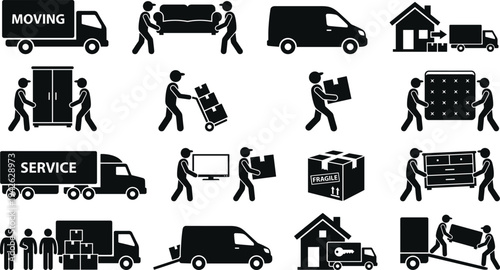 Professional Logistics and Home Moving Service Icons Featuring Delivery Trucks Movers Carrying Furniture and Fragile Packages