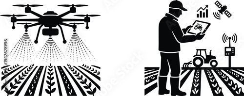 Smart Farming Technology Featuring Agricultural Drones Spraying Crops and Farmers Monitoring Fields with Digital Tablets