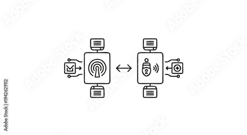 Network connection between two devices with data transfer icons.