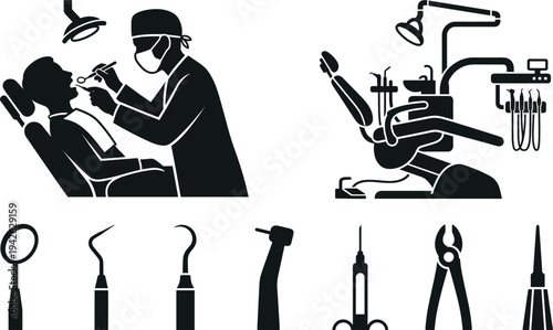 Professional Dental Care Icon Set Featuring a Dentist Treating a Patient Advanced Dental Chair and Orthodontic Examination Tools