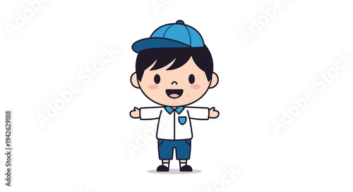 Friendly cartoon boy wearing a blue school uniform and matching cap standing with his arms open in a welcoming gesture of joy.