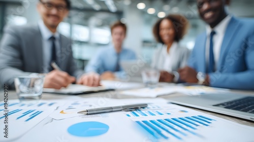 Executive business team reviewing company performance charts during strategy meeting