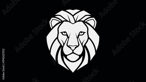 Minimalist White Lion Head Emblem on Black Background.