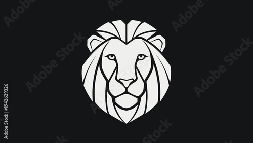 Minimalist White Lion Head Emblem on Black Background.