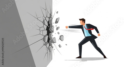 Businessman Breaking Through Concrete Wall.
