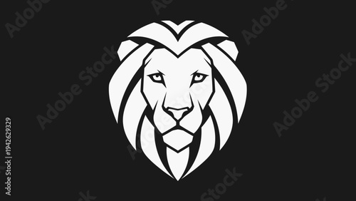 Minimalist White Lion Head Emblem on Black Background.